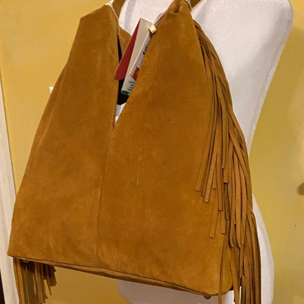 Divina Firenze Italian Tan Suede Fringe Hobo Bag NWT